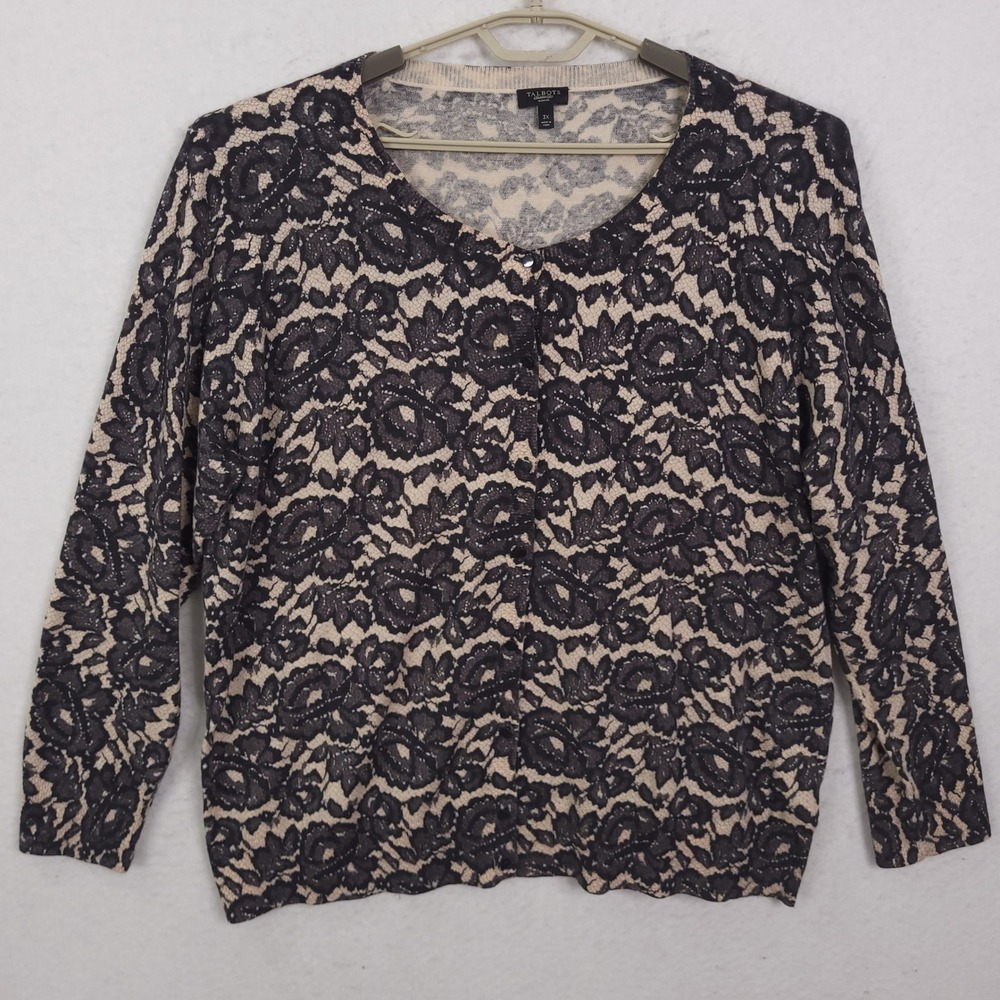 Talbots Cardigan Sweater Woman 3X Grey Cream Floral Lace Print Cotton Wool Blend